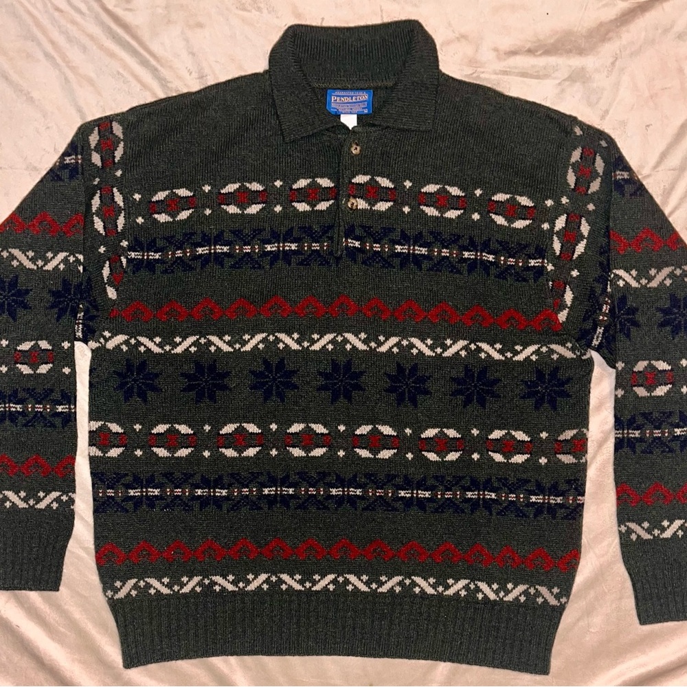 Pendleton Men's wool Dark Green Zip-Up Sweater with Red and White Accents